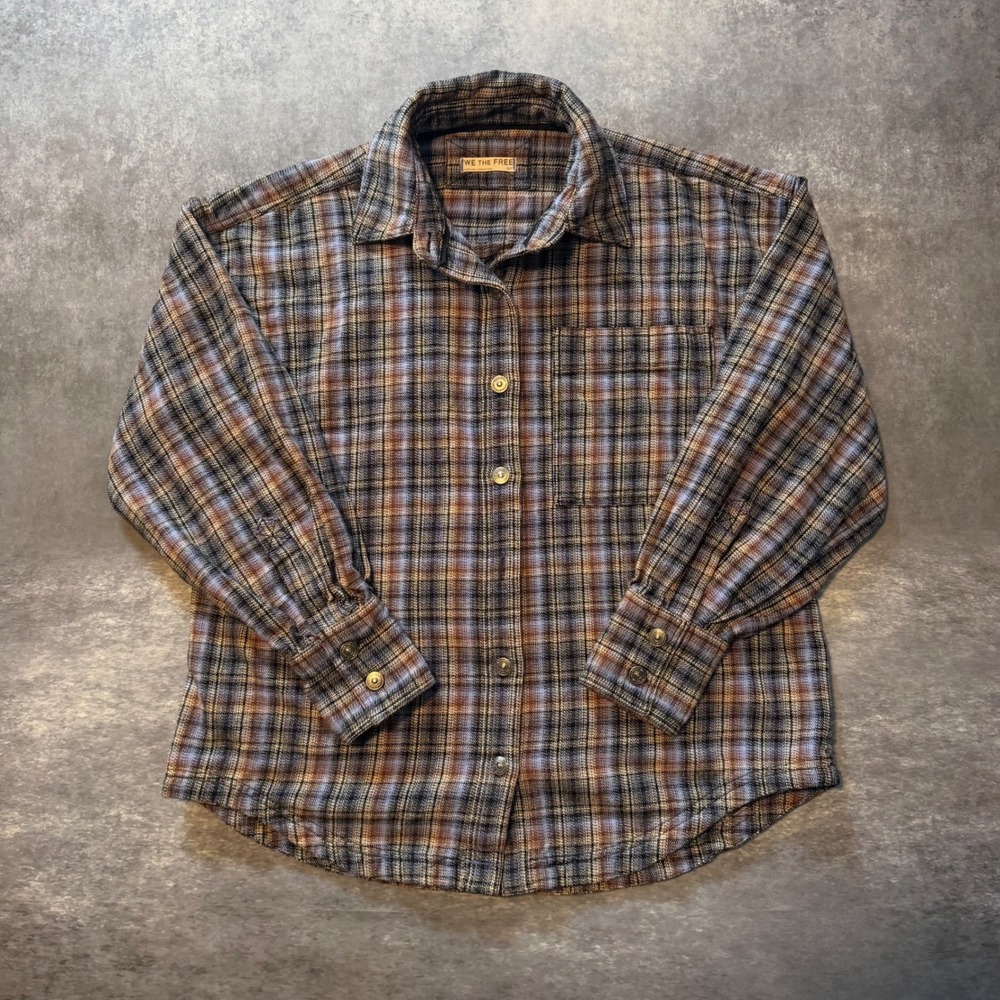 We The Free Free People Ashley Plaid Flannel Shirt Small Blue Brown Shacket Boho